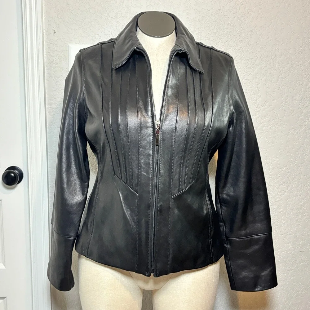 Avanti New York Womens Black Genuine Leather Zip Up Pintuck Pleated Jacket Large